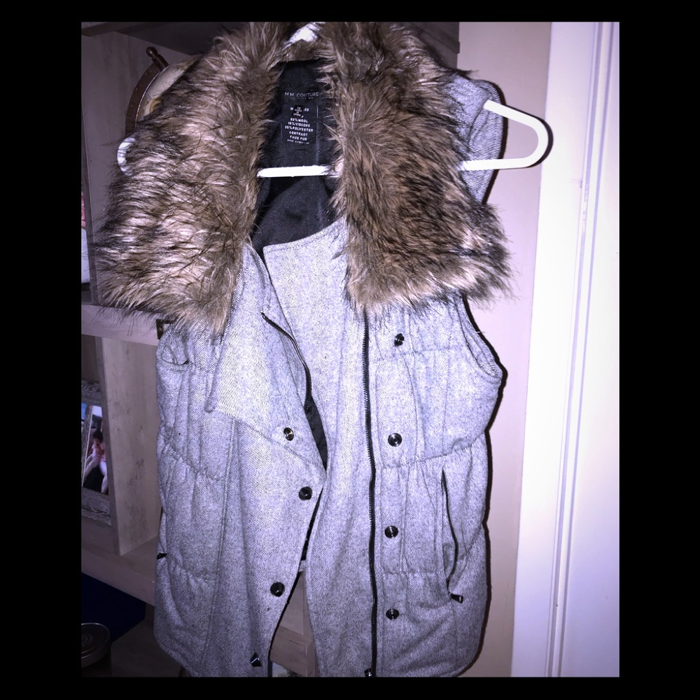 MM couture gray faux fur vest, zip up & buttons up